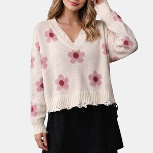ALTAR'D STATE CREAM PINK FLORAL V-NECK SWEATER NWOT SIZE S